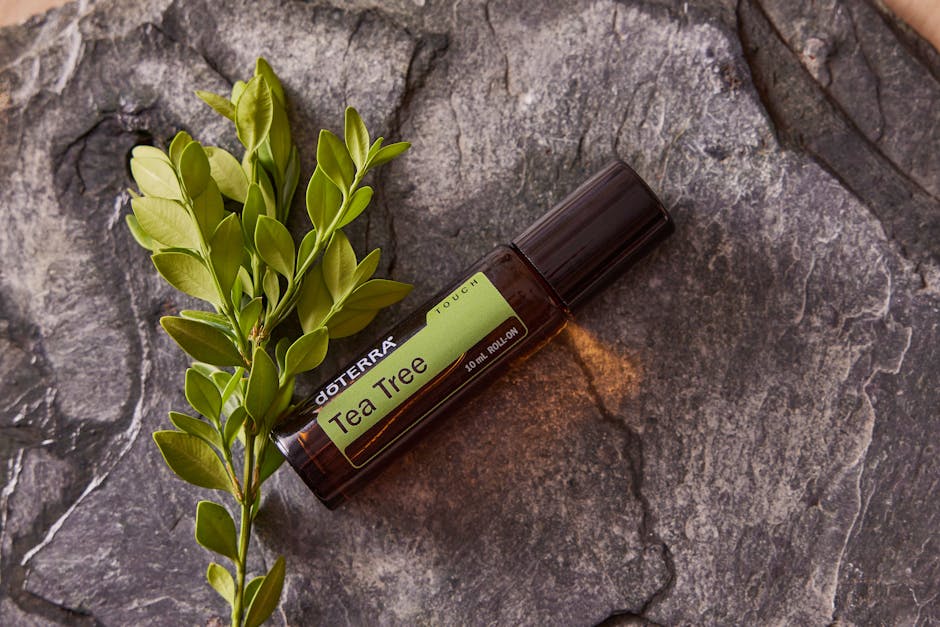 Tea tree essential oil bottle on a stone
